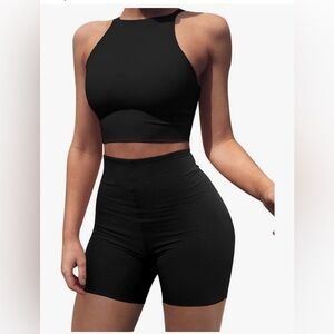 Athleisure 2 Pieces Halter Crop Top Bodycon Shorts Set Black Women’s Size Small
